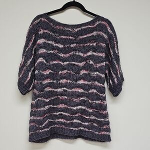 JRW - Handknit Wave Stripes Short Sleeve Sweater, Gray & Pink, Size Large